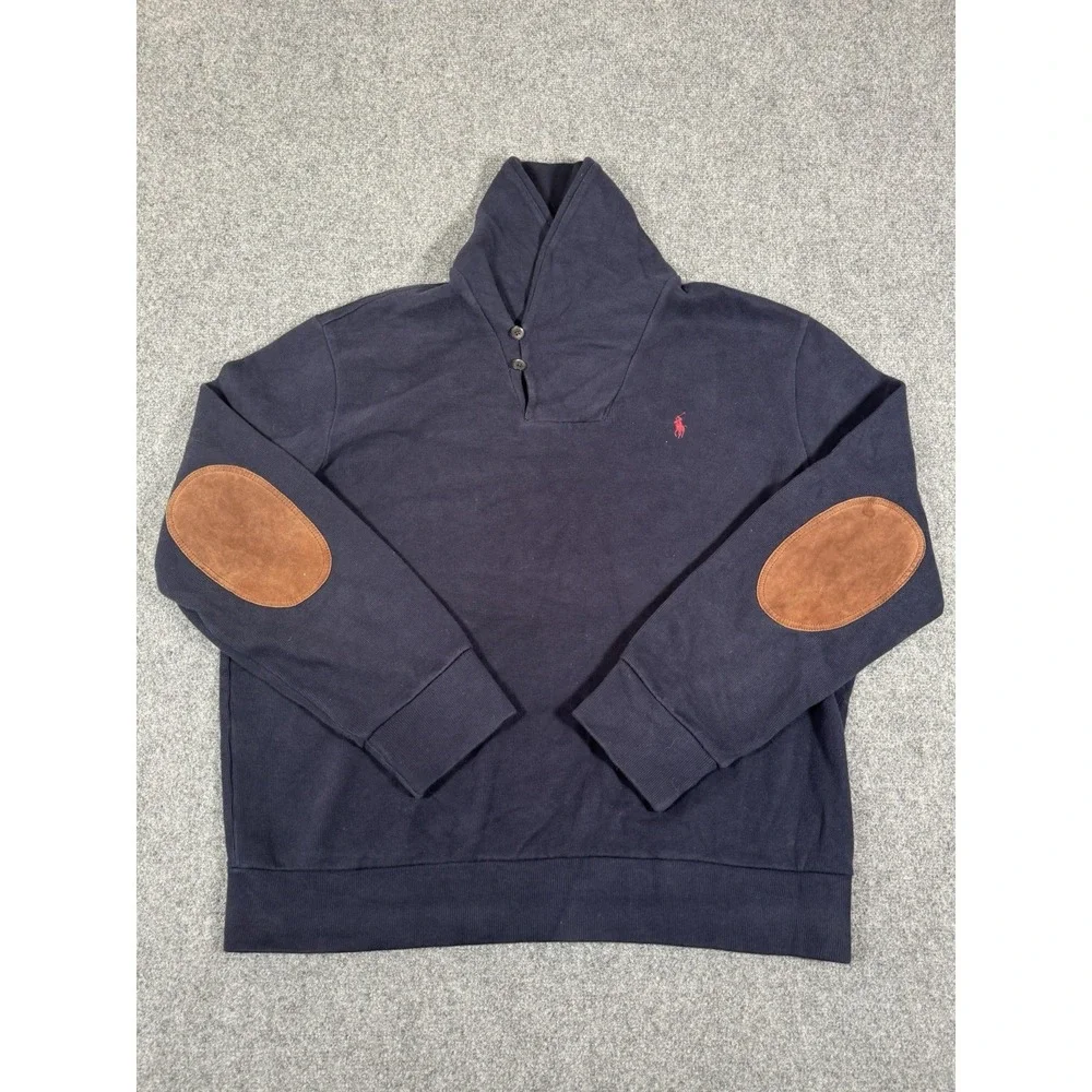 Polo Ralph Lauren Sweatshirt Mens XL‎ Blue Shawl Collar Pullover Suede Elbow